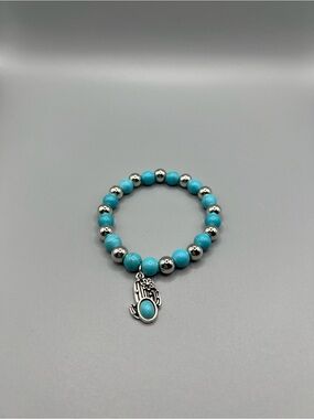 Turquoise Beaded Cactus Charm Stretch Bracelet - Handmade #B0355T